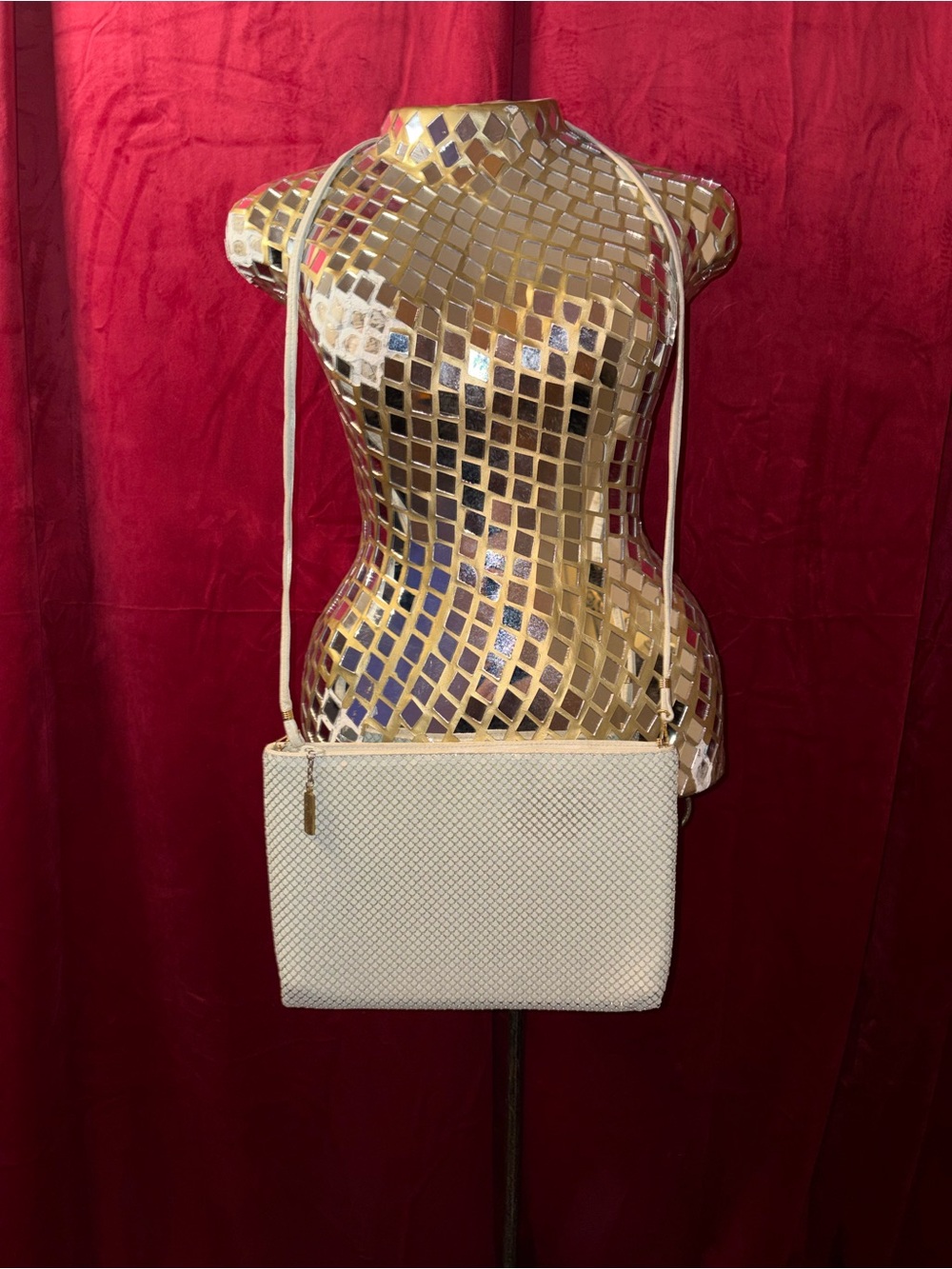 Whiting & Davis Cream Mesh Crossbody Bag with Slim Strap